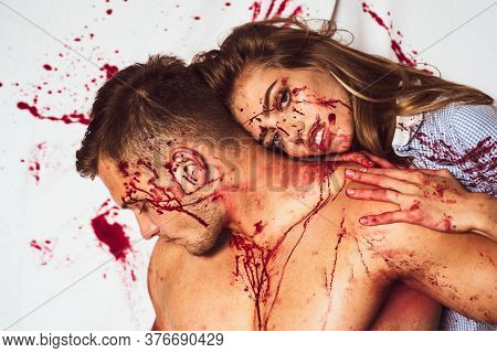 Sexy Woman Vampire. Blood On Face. Crazy. Donation And Donar. Bloody Make Up