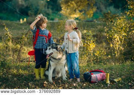 Children And Dog Exploring. Nature Walk With Kids And Pet. Kids Spending Time Together With A Dog In