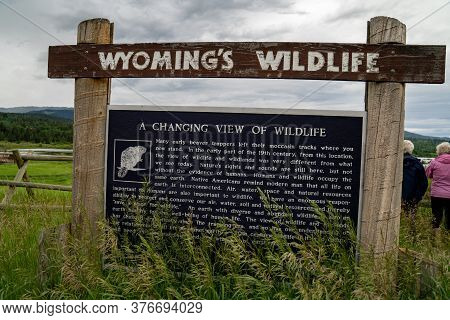 Alpine, Wyoming - June 25, 2020: Sign For Wyoming Wildlife, Giving Information On Early Native Ameri