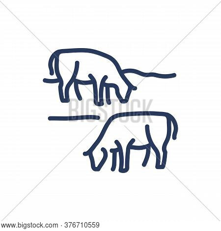 Cows On Meadow Thin Line Icon. Grazing, Cattle, Pasture Isolated Outline Sign. Farming, Agriculture,