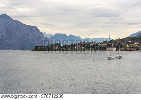 Castelletto, Italy, October 01, 2015 : Yachts In The Bay Near The City Castelletto On Lake Garda, In