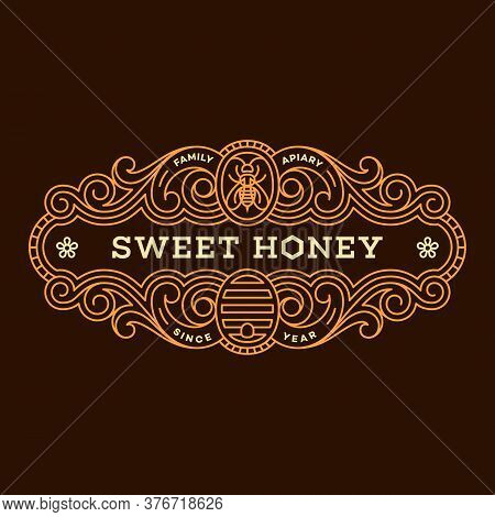 Label Design Tamplate In Trendy Linear Style For Honey Packaging Witn Floral Ornament, Bee And Beehi