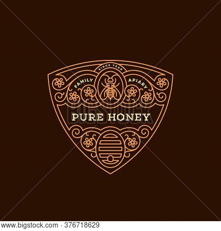 Label Design Tamplate In Trendy Linear Style For Honey Packaging Witn Floral Ornament, Bee And Beehi