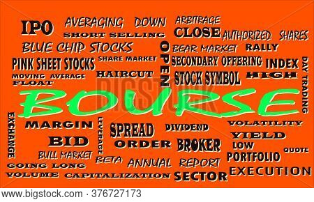 Share Market Related Text Cloud Presented On Colorful Vector Abstract For Magazine Prints.