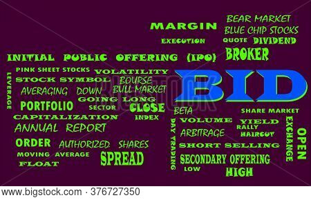 Share Market Related Text Cloud Presented On Colorful Vector Abstract For Magazine Prints.