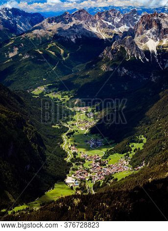 Aerial View Of Campitello Di Fassa, A Comune In Trentino, Northern Of Italy