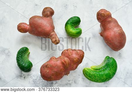 Fresh Ugly Cucumbers And Potatoes On A Concrete Gray Background. Trendy Ugly Vegetables. Imperfect F