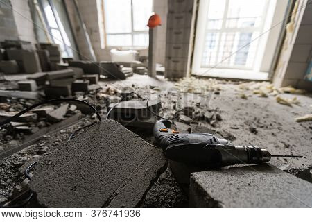 Wall Smashed Into Debris Room In Apartment Ready For Renovation With Destroyed Smashed Wall Demolish