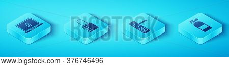 Set Isometric Laptop And Lock, Safe Combination Lock, Fire Extinguisher And Door Handle Icon. Vector