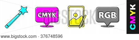 Set Magic Wand, Speech Bubble With Text Cmyk, Graphic Tablet And Speech Bubble With Rgb And Cmyk Ico