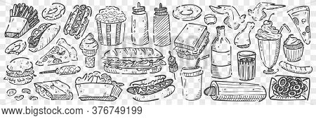 Hand Drawn Junk Food Doodle Set. Collection Of Pencil Chalk Drawing Sketches Of Pop Corn Sandwitch H