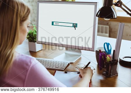Search Bar, Copyspace On Monitor Screen. Woman Looking For Job Home During Covid-19 Quarantine, Remo