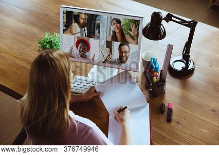 Remote Meeting. Woman Working From Home During Coronavirus Or Covid-19 Quarantine, Remote Office Con