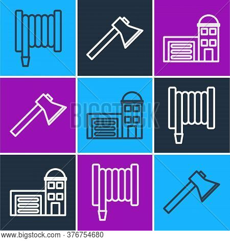 Set Line Fire Hose Reel, Building Of Fire Station And Firefighter Axe Icon. Vector