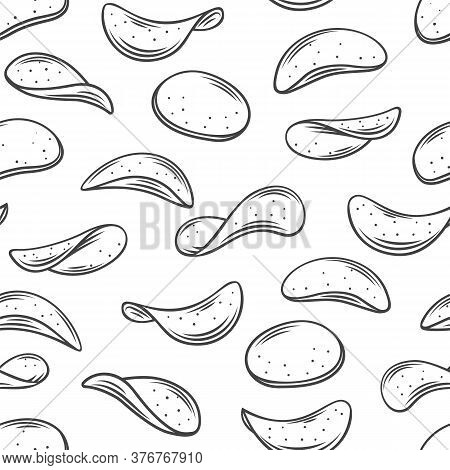 Potato Chips Seamless Pattern, Outline Vector Background. Crispy Snack, Potato In The Form Of Crispy
