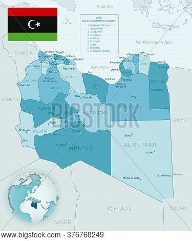 Blue-green Detailed Map Of Libya Administrative Divisions With Country Flag And Location On The Glob