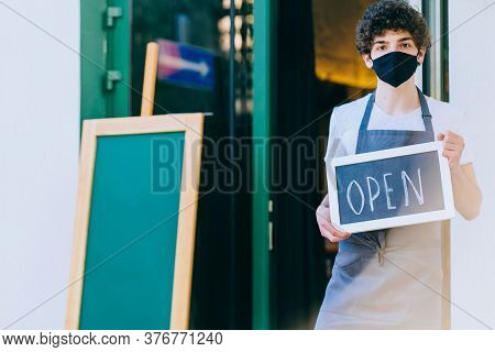 Open Again After Quarantine. Were Back Banner Concept For Re-opening Of Shop, Service, Cafe, Restaur