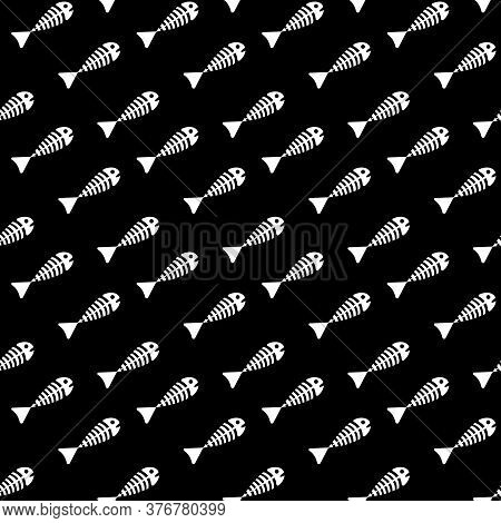 Fish Bones Seamless Pattern On Black Background. Flat Vector Illustration.