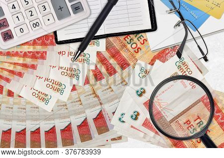 3 Cuban Pesos Convertibles Bills And Calculator With Glasses And Pen. Tax Payment Season Concept Or 