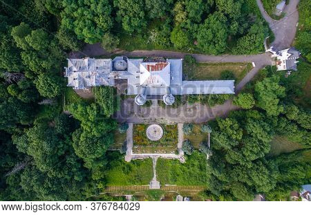 Old Abandoned Palace In Sharivka, Kharkiv Region Landmark, Ukraine. Summer Aerial View Directly Abob