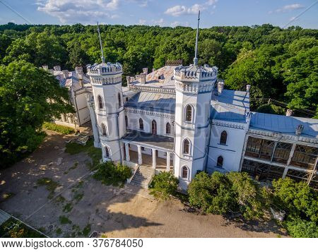Old Abandoned Palace In Sharivka, Kharkiv Region Landmark, Ukraine. Summer Aerial View.