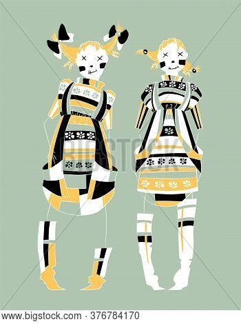 Smile Girls Skeleton With Dress, Character Design. Funny Witch Or Voodoo Doll In Flat Style. Hand Dr