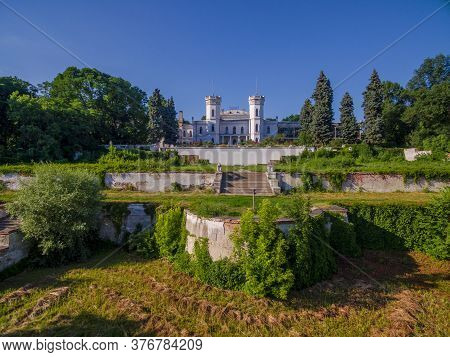 Old Abandoned Palace In Sharivka, Kharkiv Region Landmark, Ukraine. Summer Aerial Front View.