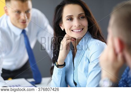 Group Business People On Meeeting Process Sit At Table And Listen Speaeker. Business Education Conce