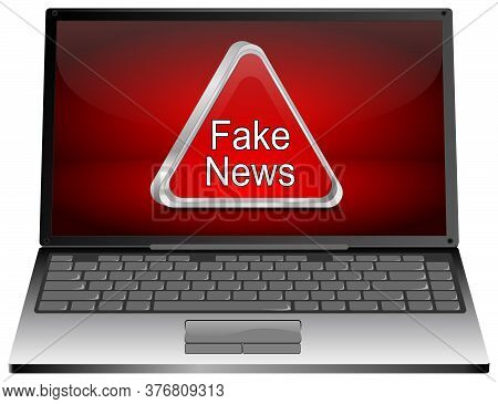 Laptop Computer With Red Fake News Warning Sign On Red Desktop - 3d Illustration