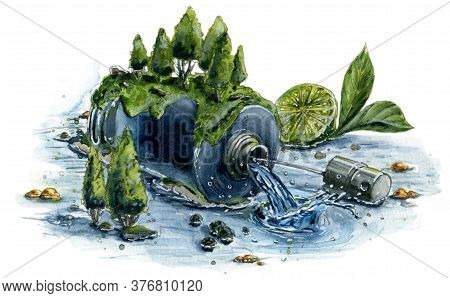 Hand Drawn Watercolor Overturned Perfime Bottle With Water, Amber And Trees