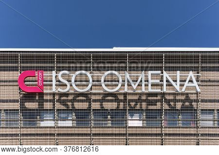 Espoo, Finland - July 12, 2020: Signboard Of Iso Omena Shopping Mall On The Facade Of The Building.