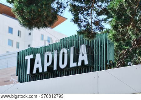 Espoo, Finland - July 12, 2020: The Tapiola Old Signboard Made From Oxidized Copper