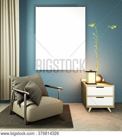 Living Dark Blue Room Japanese Style With Wooden Table, Lamps And Armchair On Floor Concrete. 3D Ren