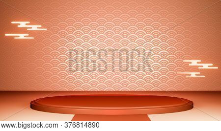 Red Geometric Podium Japanese Tradition Podium.3D Rendering