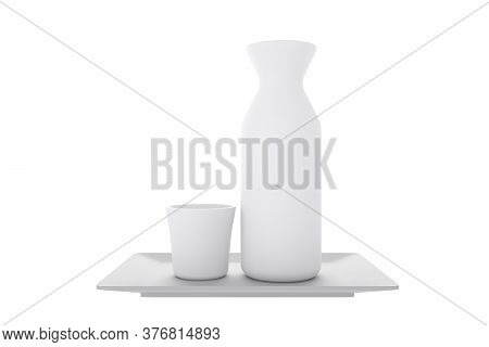 Japanese Traditional With Sake Cup And Bottle On White Background.3D Rendering