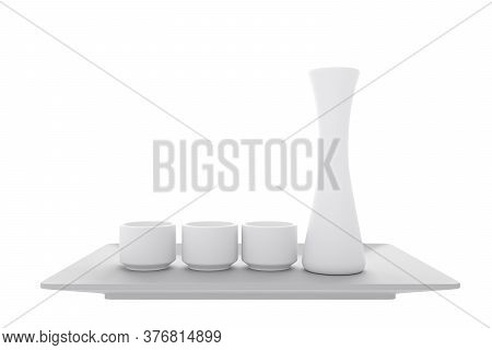 Japanese Traditional With Sake Cup And Bottle On White Background.3D Rendering