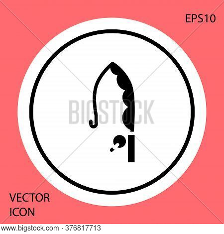 Black Fishing Rod Icon Isolated On Red Background. Catch A Big Fish. Fishing Equipment And Fish Farm