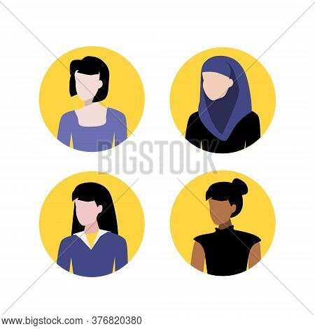 Vector Illustration Set Of Muslim, Black And White Women Portraits. Round Flat Icons. Social Network