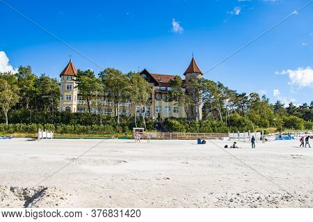 Beautiful Historic Hotel On The Beach In Łeba In Poland On A Sunny Summer Day