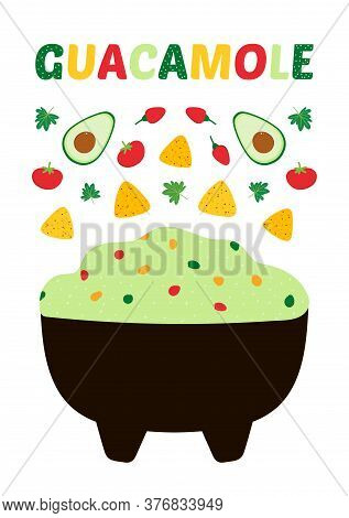 Vector Cartoon Style Guacamole Printable Poster A4 Size. Mexican Guacamole Dip, Spread In Bowl With 
