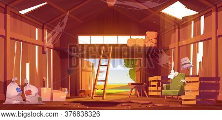 Abandoned Barn Interior With Broken Furniture, Spiderweb And Destroyed Floor. Neglected Farm House, 