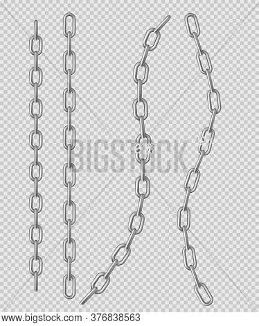 Metal Chain With Whole And Break Links Made Of Silver, Chrome Or Steel. Border With Connected Stainl