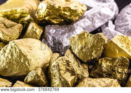 Nuggets Of Gold And Silver Piled Up, Precious Stones Used In The Industry And Jewelry. Concept Of El