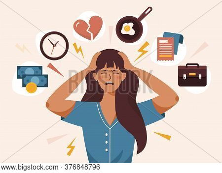Flat Vector Illustration Of Woman With Open Mouth, Clutching At Head With Both Hands. She Suffers Fr