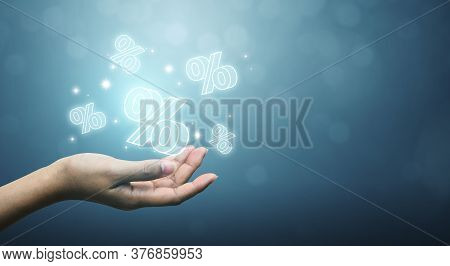 Interest Rate Financial And Mortgage Rates Concept. Hand Showing Icon Percent 3d Sign Symbol