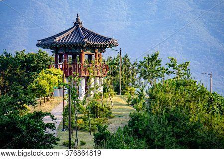 Geoje, South Korea - May 20, 2018 : Traditional Korean Style Pavilion Locate On The Hill In Okpo,geo