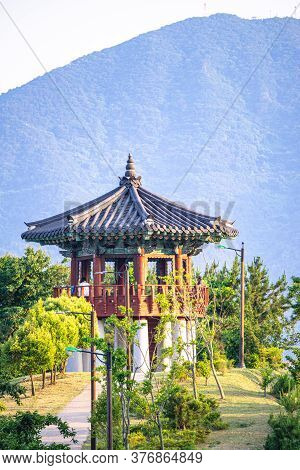 Geoje, South Korea - May 20, 2018 : Traditional Korean Style Pavilion Locate On The Hill In Okpo,geo