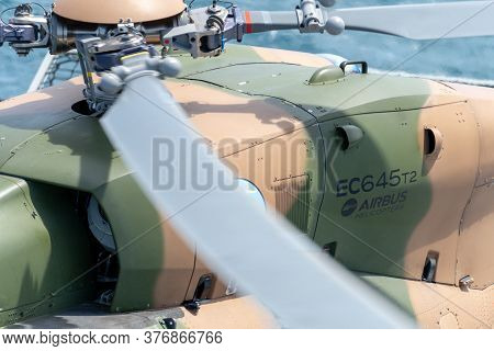 Chonburi, Thailand - July 9, 2020: Body Of The Eurocopter Ec 645 T2 Helicopter Of Royal Thai Navy.