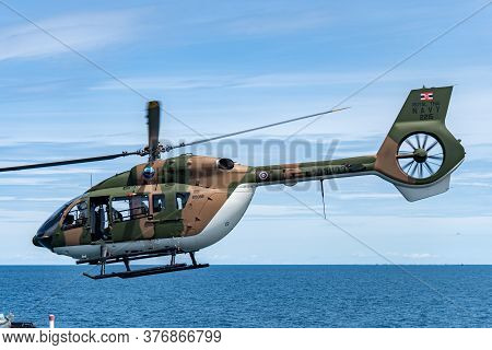 Chonburi, Thailand - July 9, 2020: The Eurocopter Ec 645 T2 Helicopter Of Royal Thai Navy Fly Over T