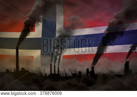 Dark Pollution, Fight Against Climate Change Concept - Factory Chimneys Heavy Smoke On Norway Flag B